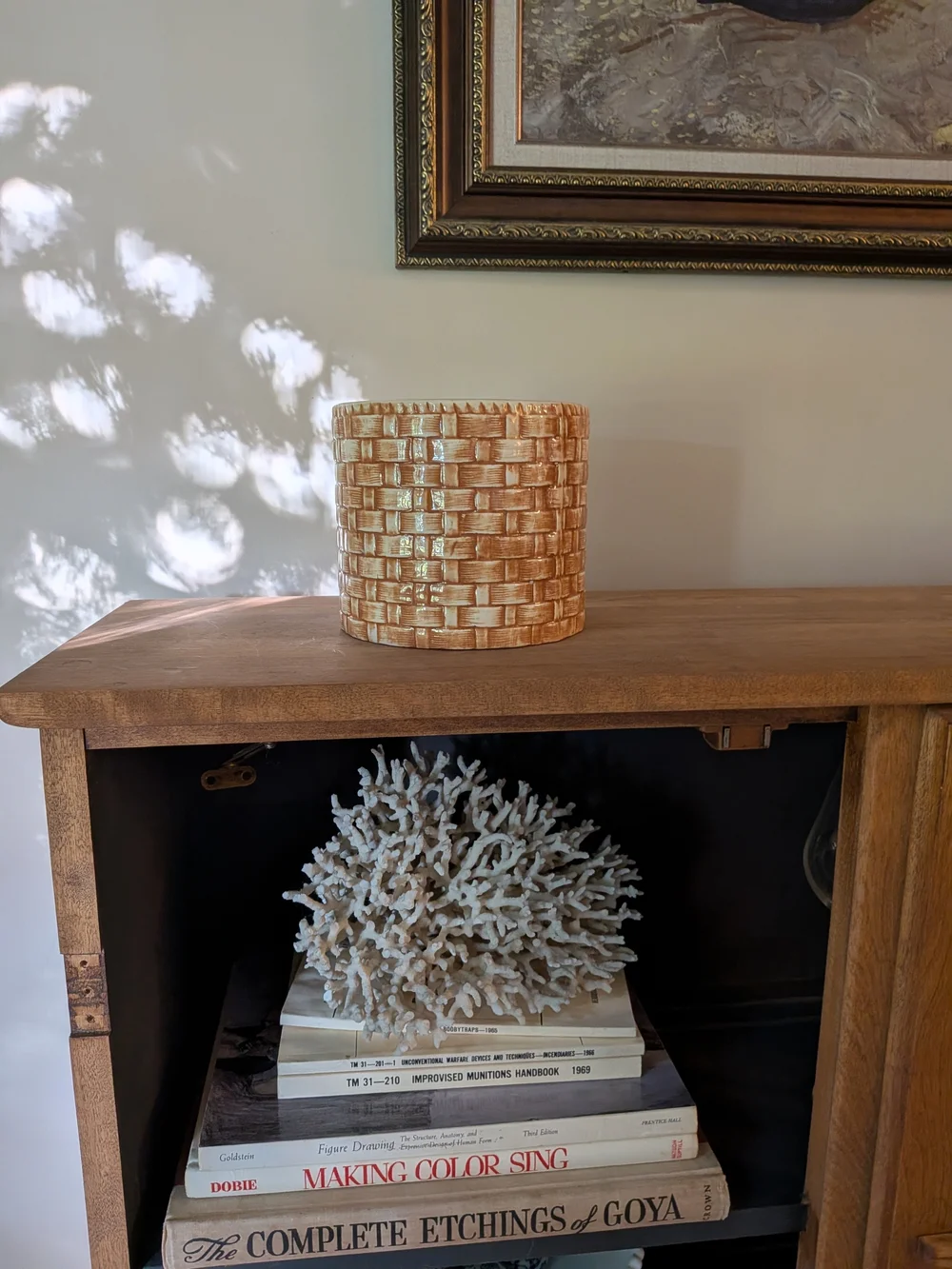 Ceramic Woven Basket Planter Cachepot Tan Warm Honey Glaze 5.5